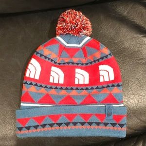 The North Face Knit Ski Hat with Pom Pom Red Blue Orange